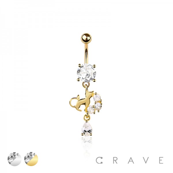 316L SURGICAL STEEL WHIMSICAL CAT DANGLE CZ DROP DANGLE BELLY BUTTON NAVEL RING 